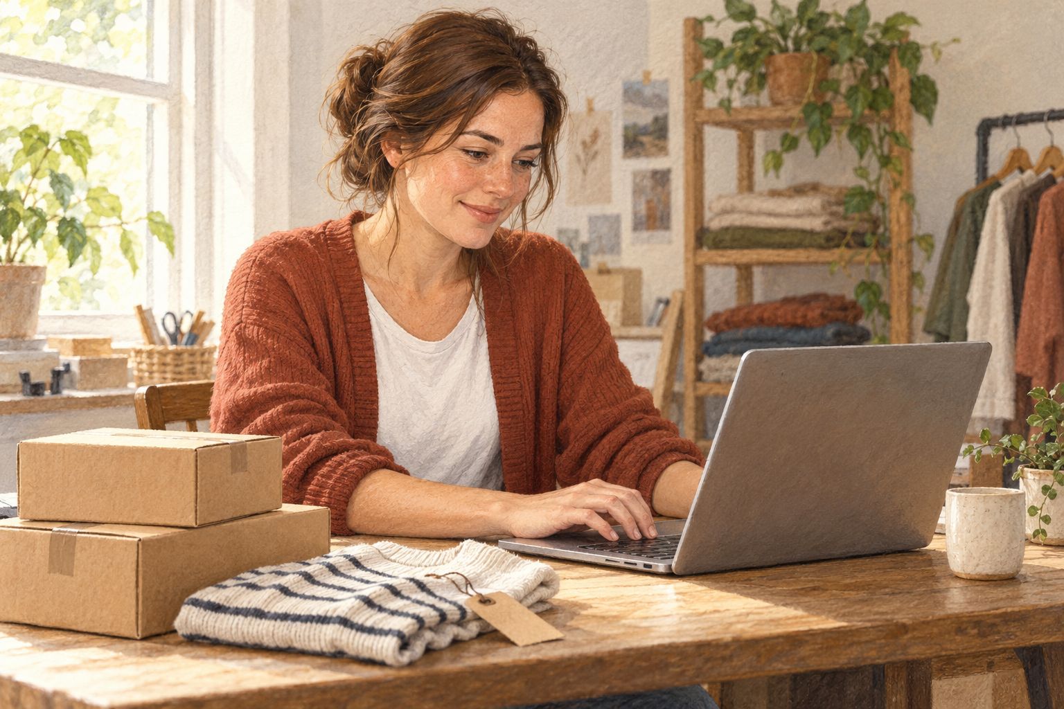 An ecommerce manager working on her laptop beside parcels at a packing desk