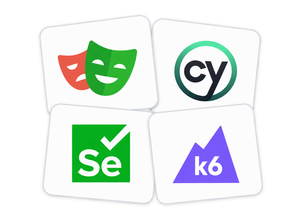 Playwright, Cypress, Selenium, and k6 logos for automated email and SMS tests
