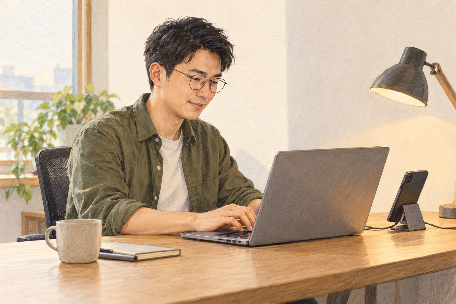 A software tester working on a laptop with a test phone beside him
