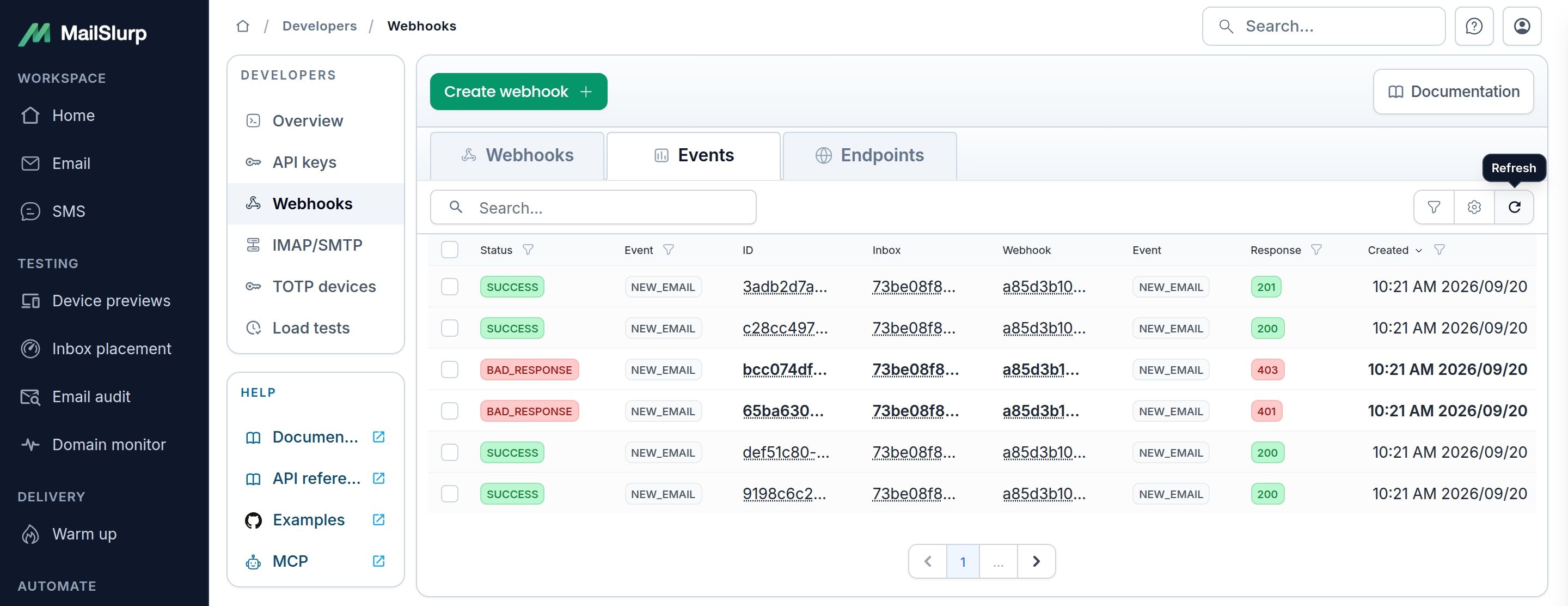 MailSlurp webhook events with successful and unsuccessful endpoint responses